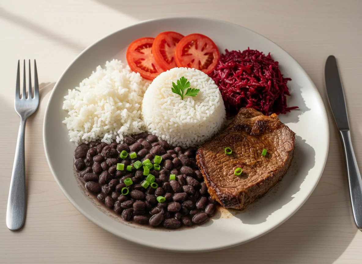 Prato brasileiro com carne, arroz, feijão e salada photo