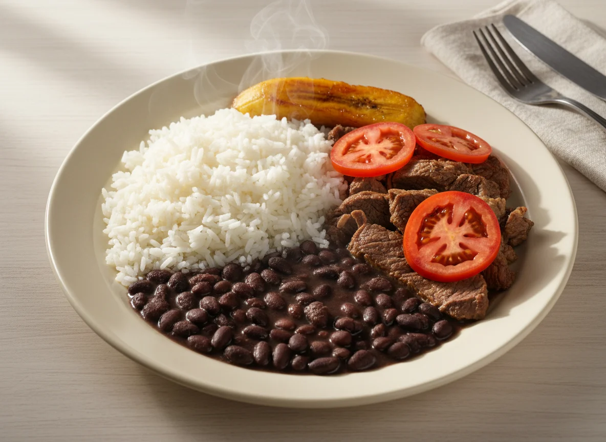 Prato brasileiro com carne, arroz, feijão e tomate photo