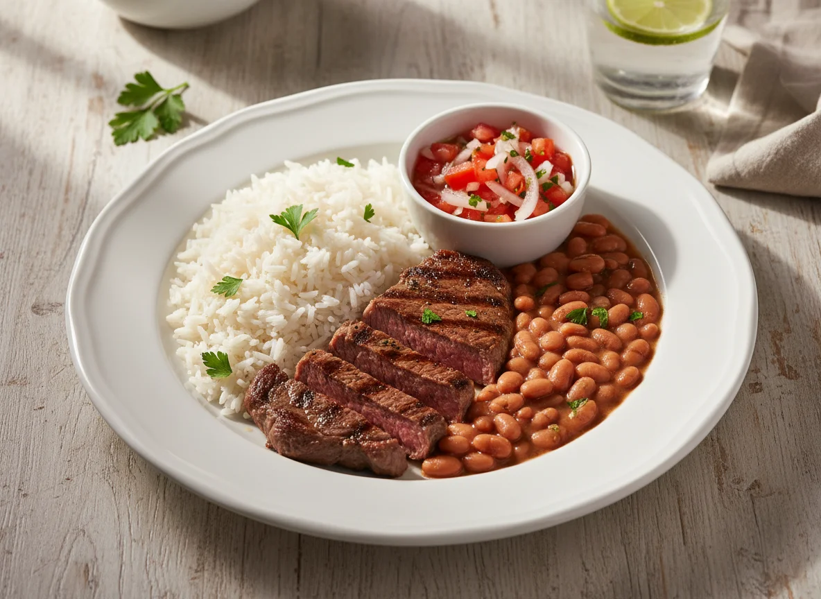 Prato brasileiro com carne, arroz, feijão e vinagrete photo