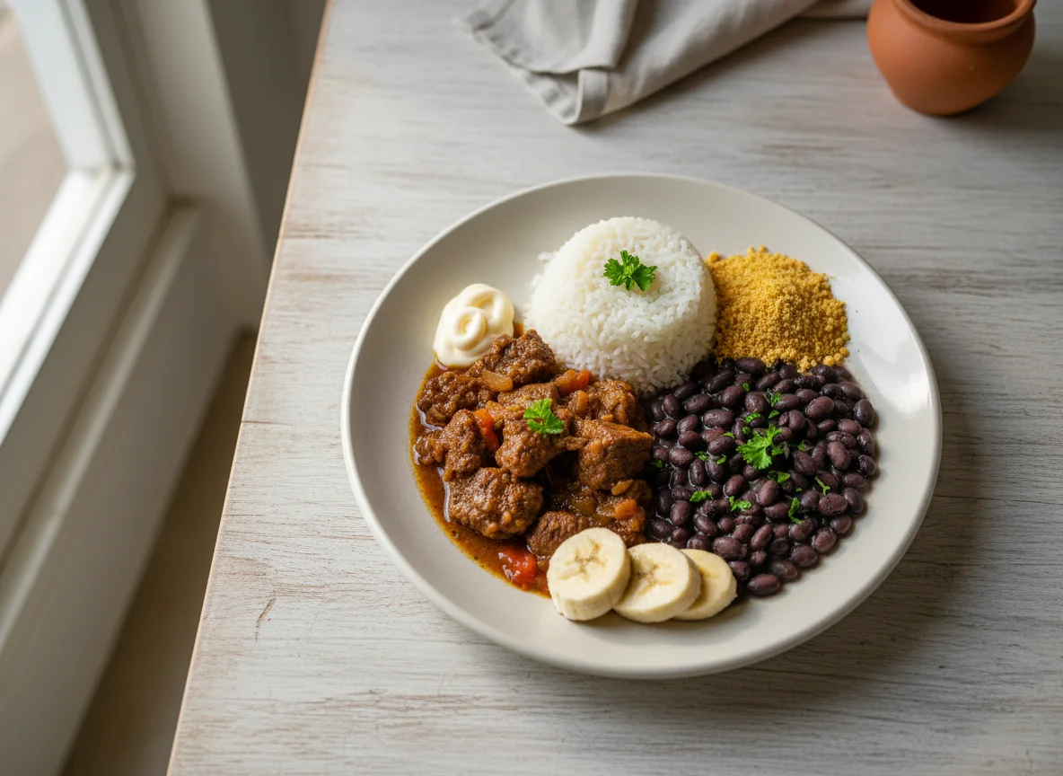 Prato brasileiro com carne, arroz, feijão, farofa e banana photo