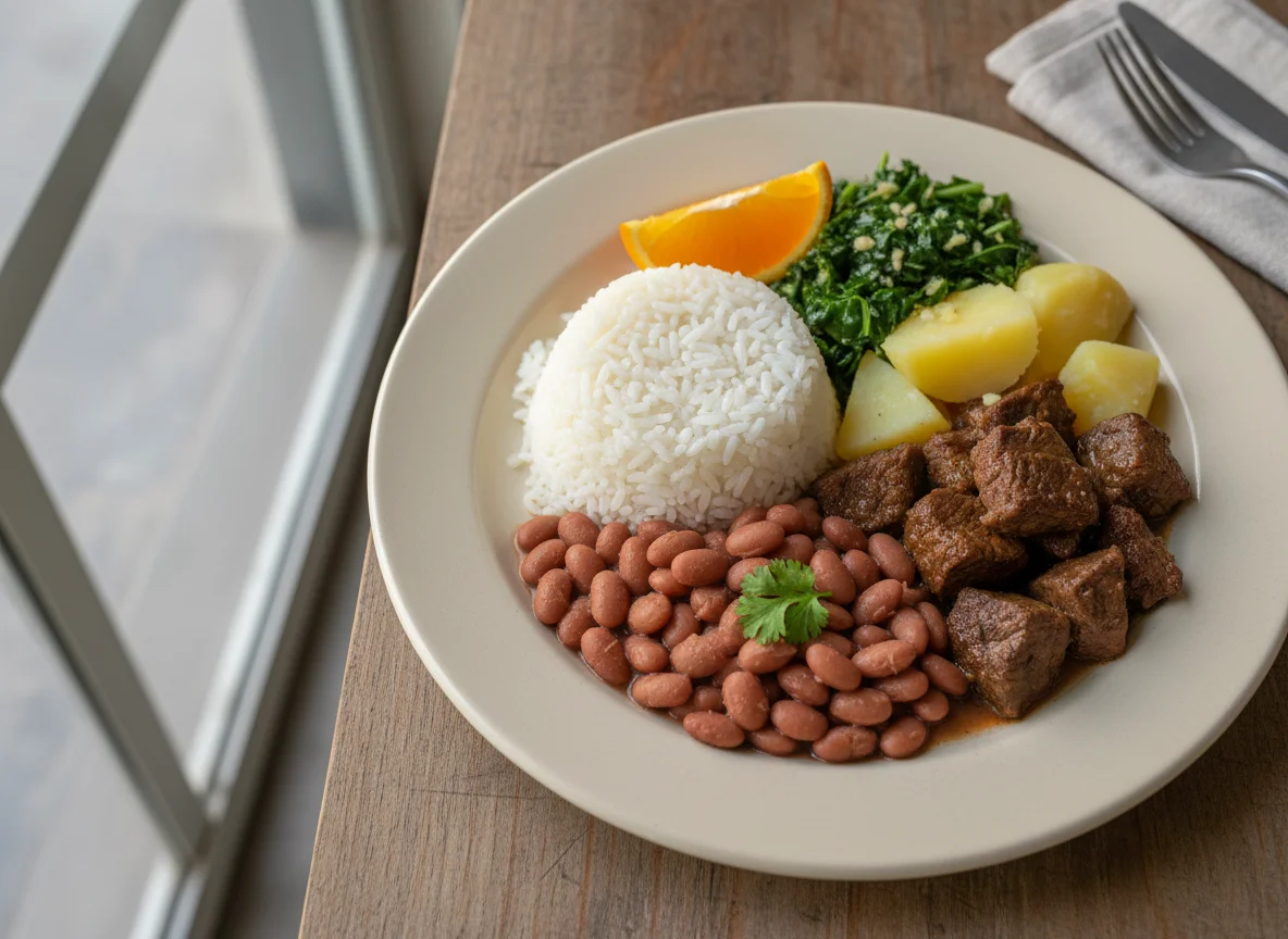 Prato brasileiro com carne, batata, arroz e feijão photo