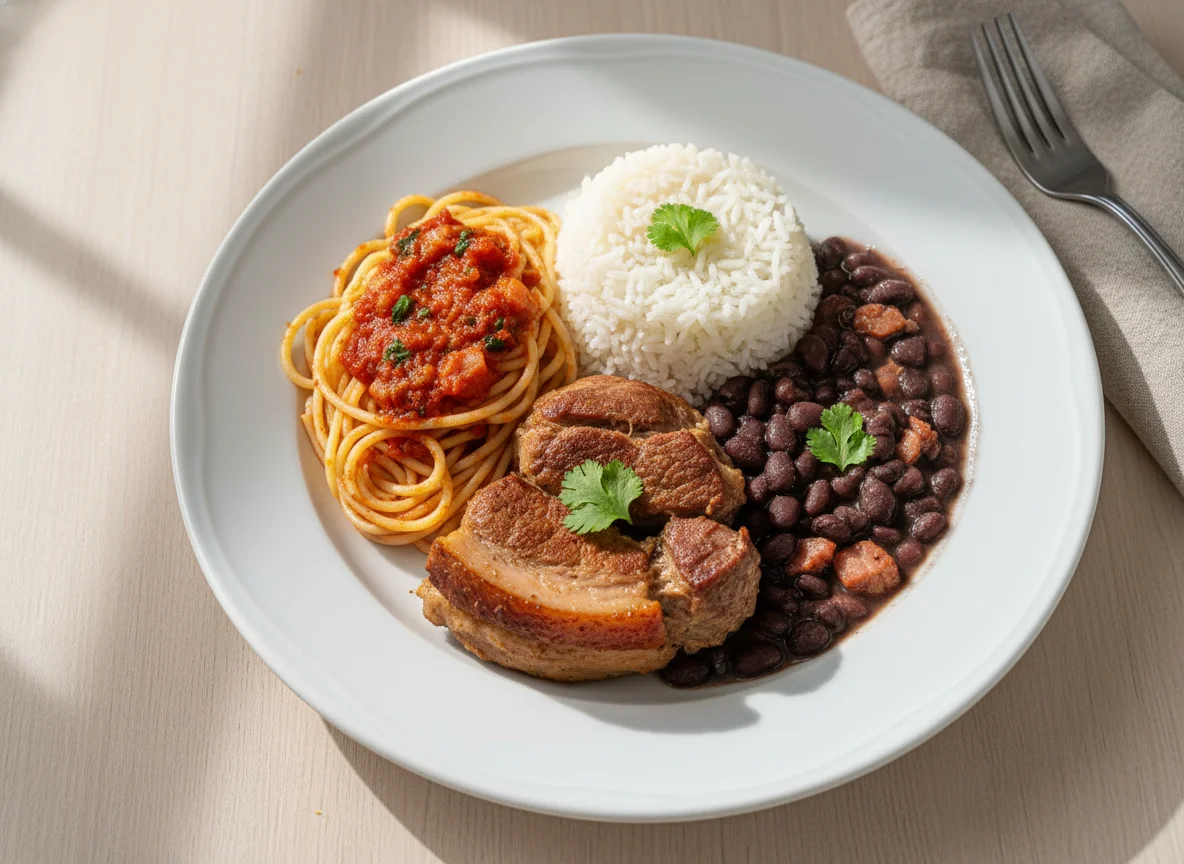 Prato brasileiro com carne de porco, arroz, feijão e macarrão photo