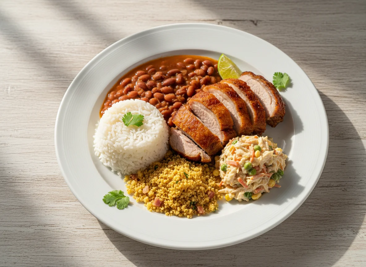 Prato brasileiro com carne de porco, arroz, feijão, farofa e salpicão photo