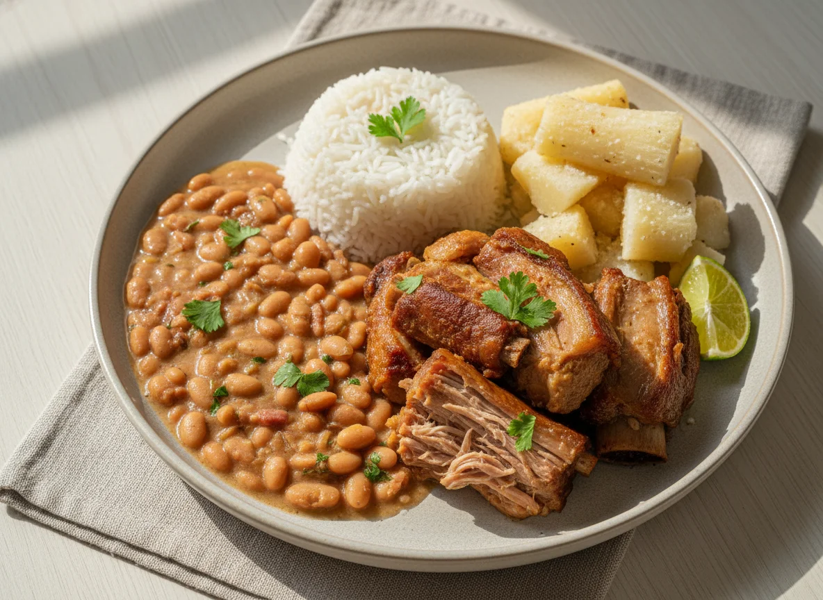 Prato brasileiro com carne de porco, feijão, arroz e mandioca photo