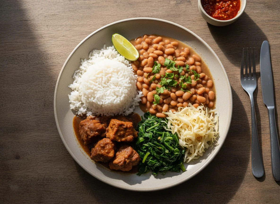 Prato brasileiro com carne de porco, feijão, arroz e vegetais photo