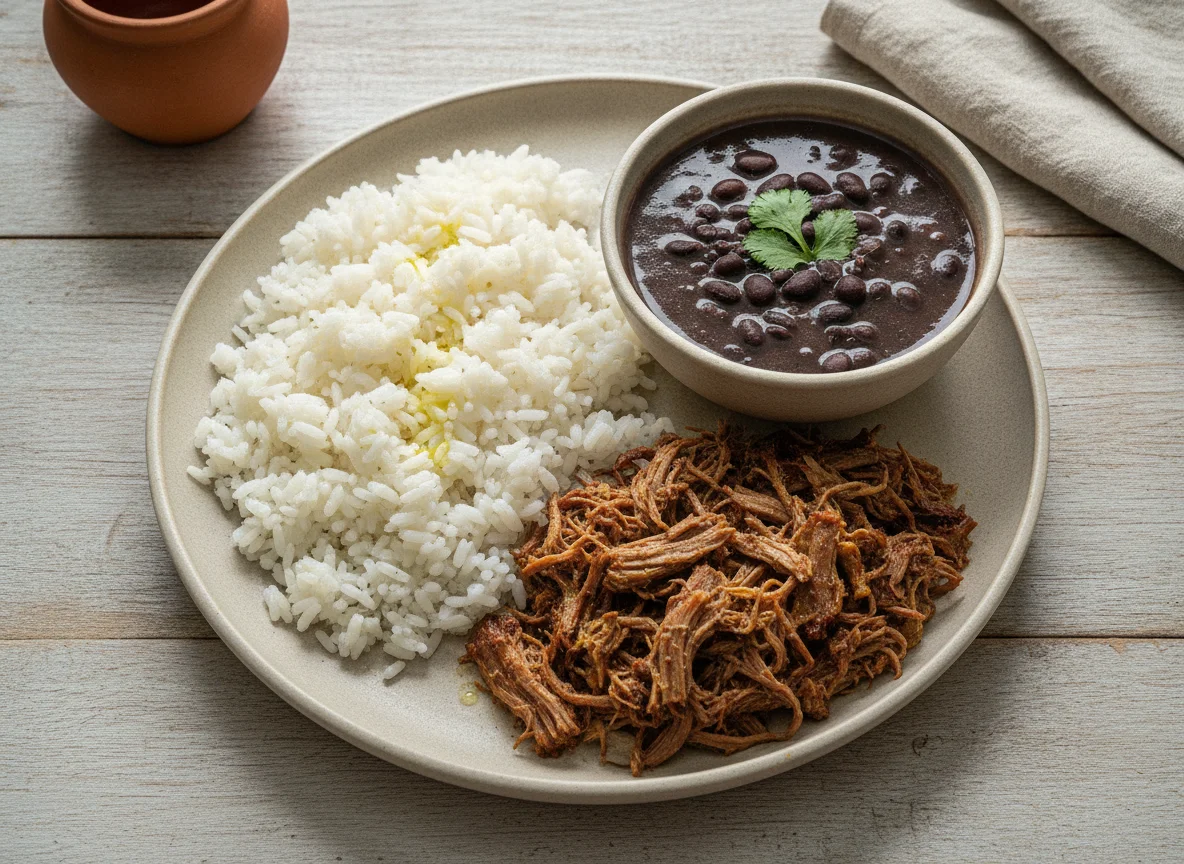 Prato brasileiro com carne desfiada, arroz e feijão photo
