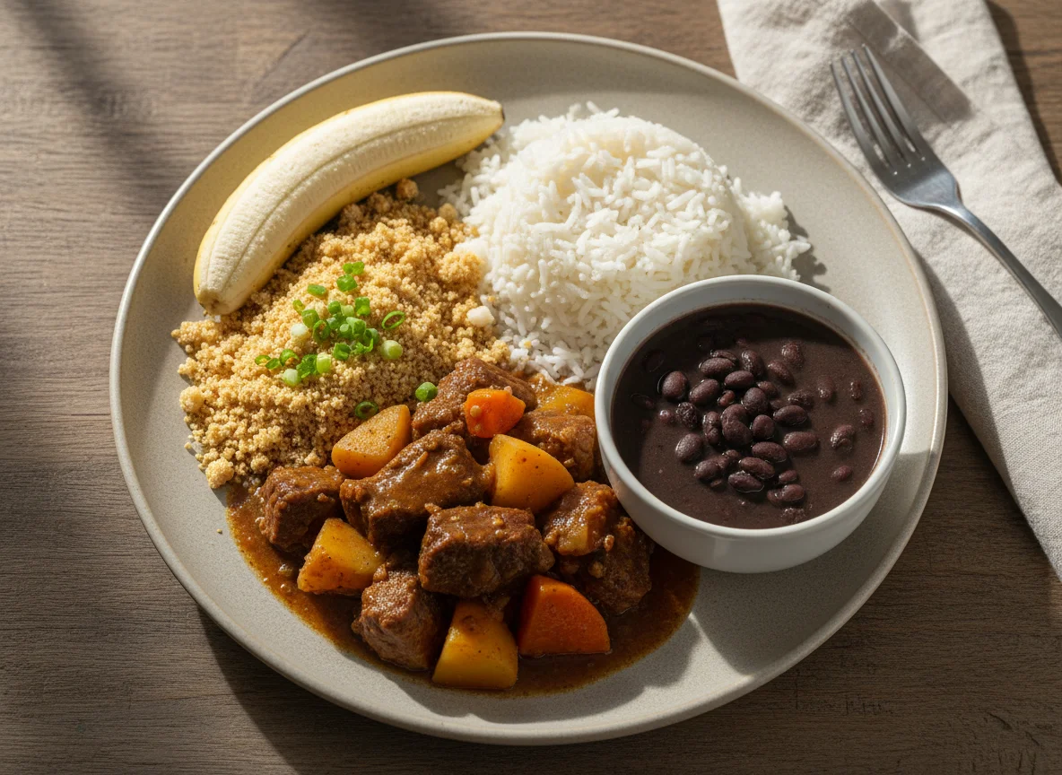 Prato brasileiro com carne ensopada, arroz, feijão, farofa e banana photo