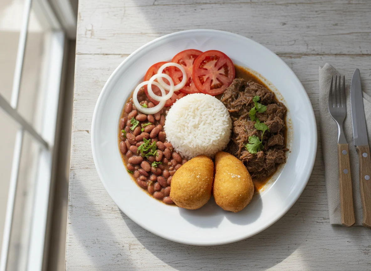 Prato brasileiro com carne, feijão, arroz e bolinhos photo