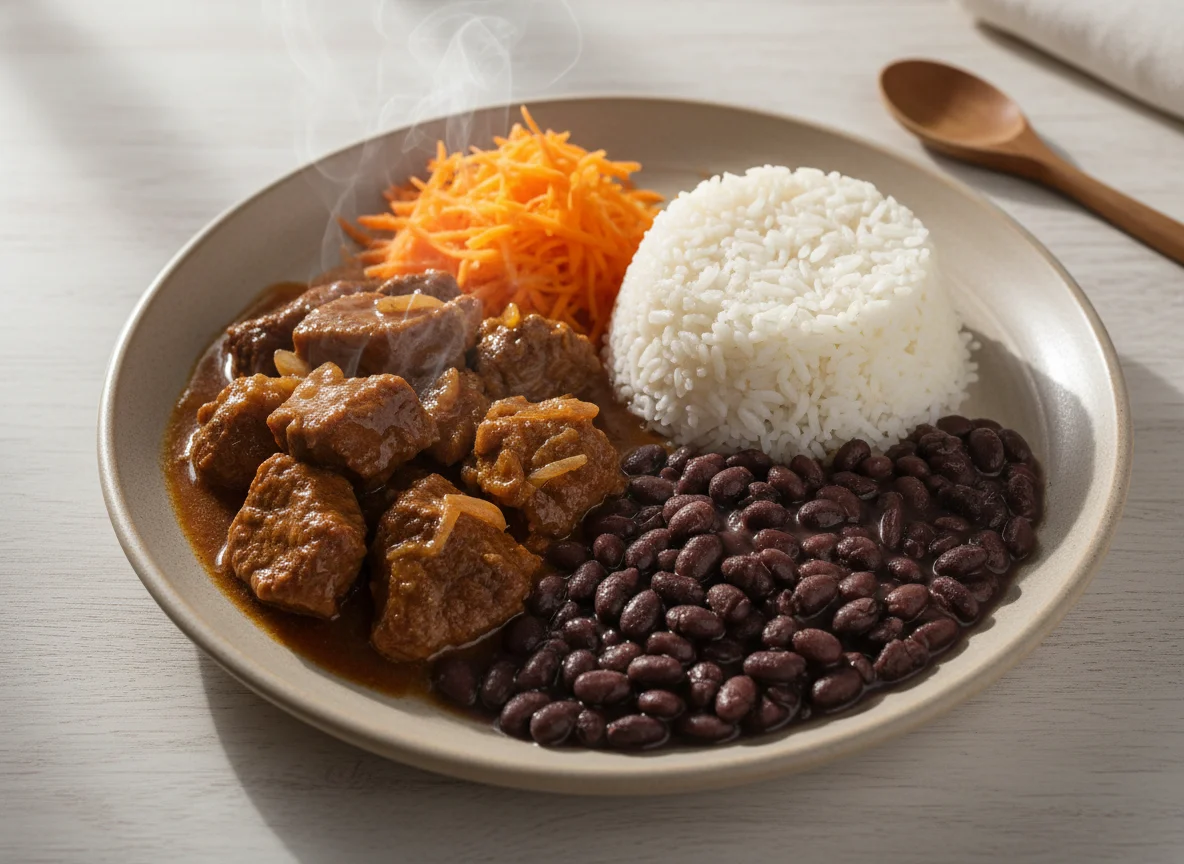 Prato brasileiro com carne, feijão, arroz e cenoura photo