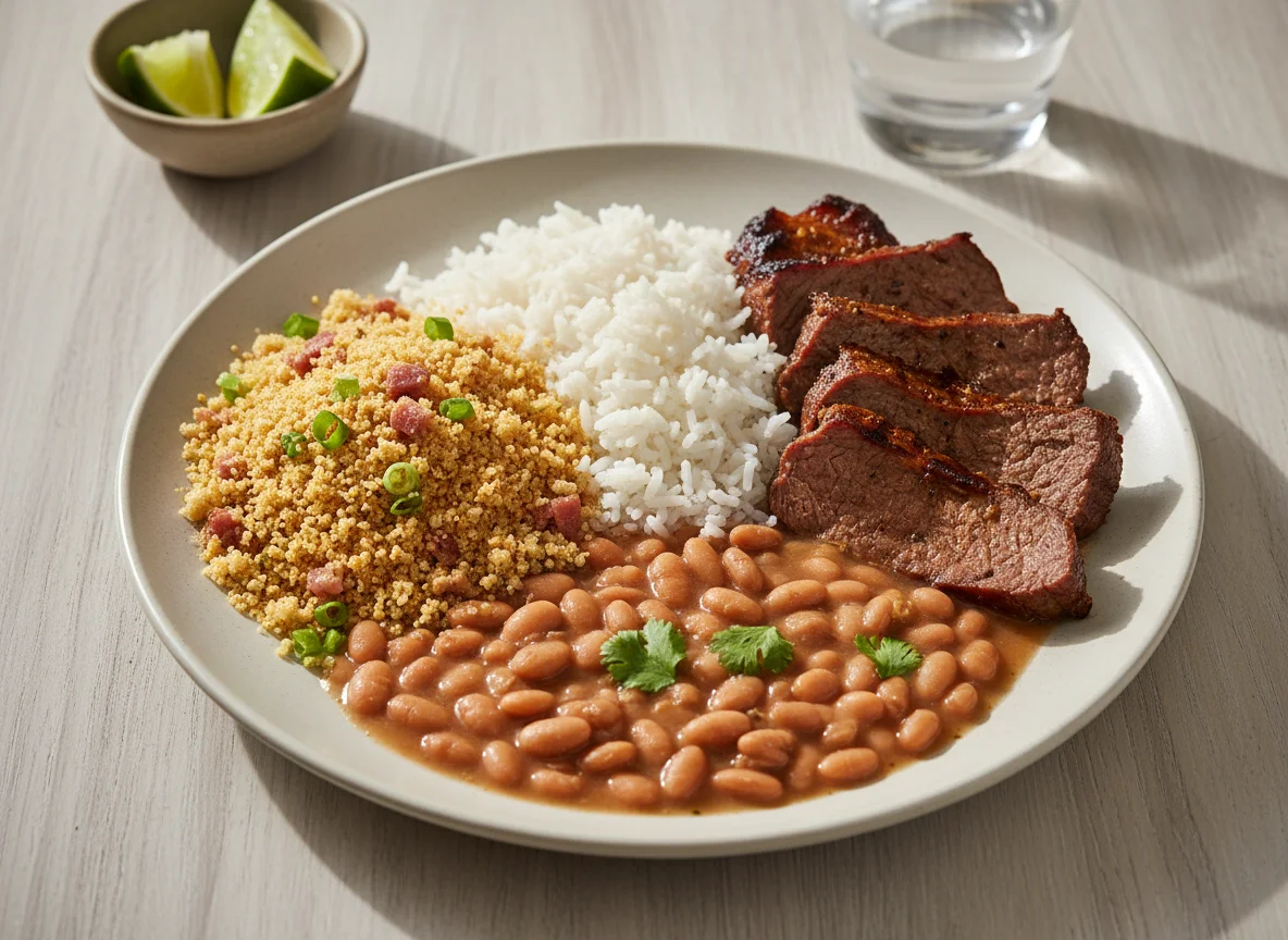 Prato brasileiro com carne, feijão, arroz e farofa photo