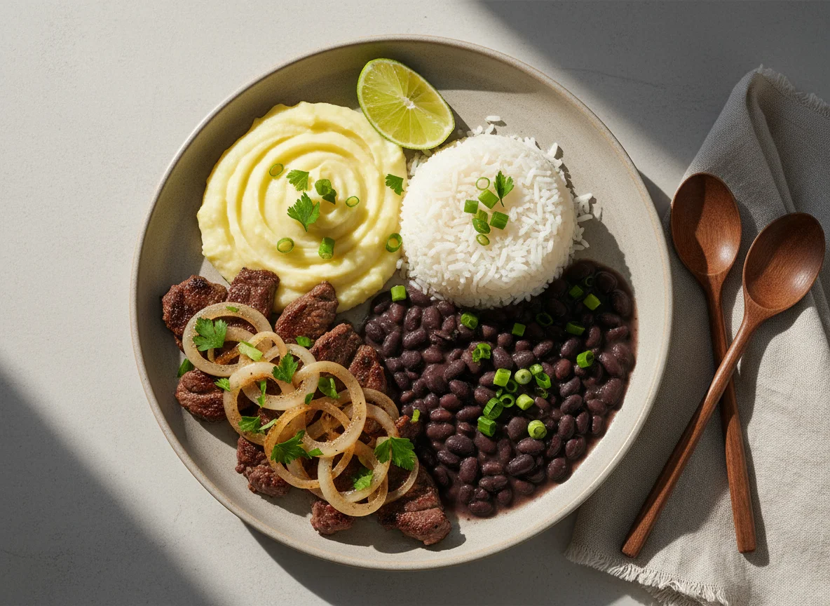 Prato brasileiro com carne, feijão, arroz e purê photo