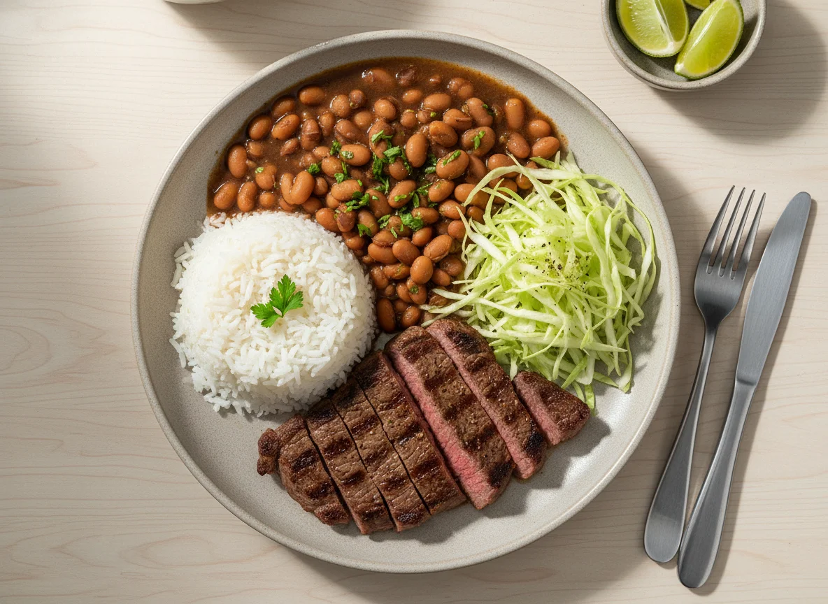 Prato brasileiro com carne, feijão, arroz e repolho photo