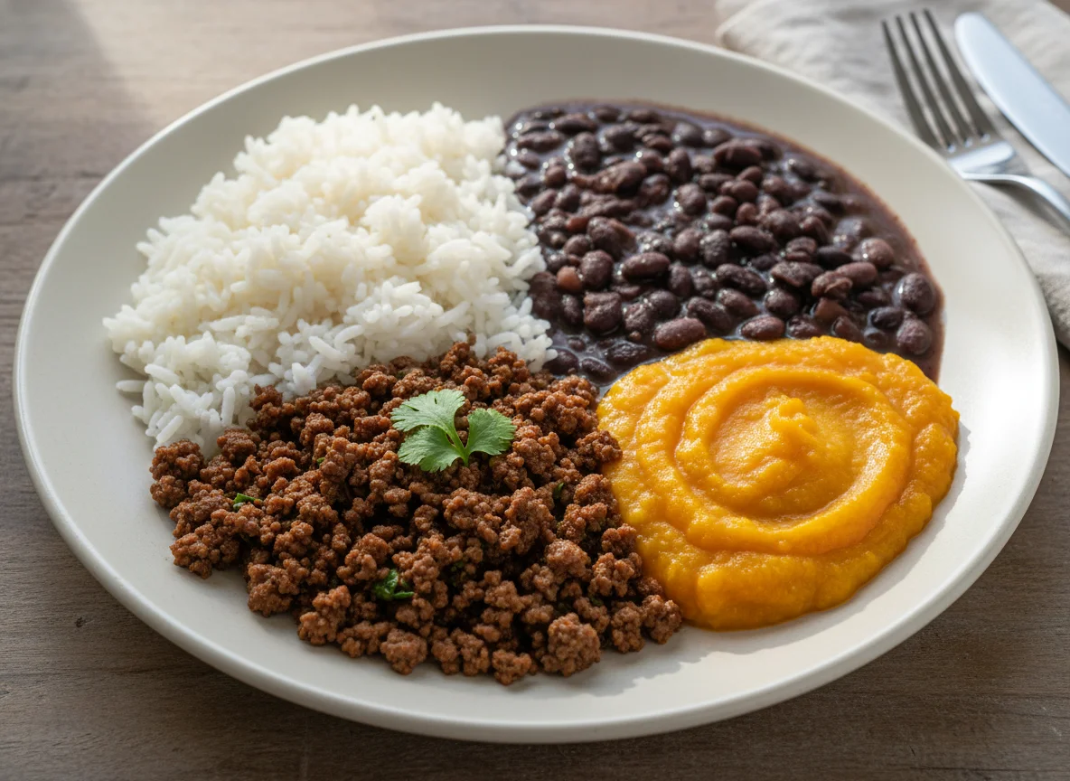Prato Brasileiro com Carne Moída, Abóbora e Feijão photo