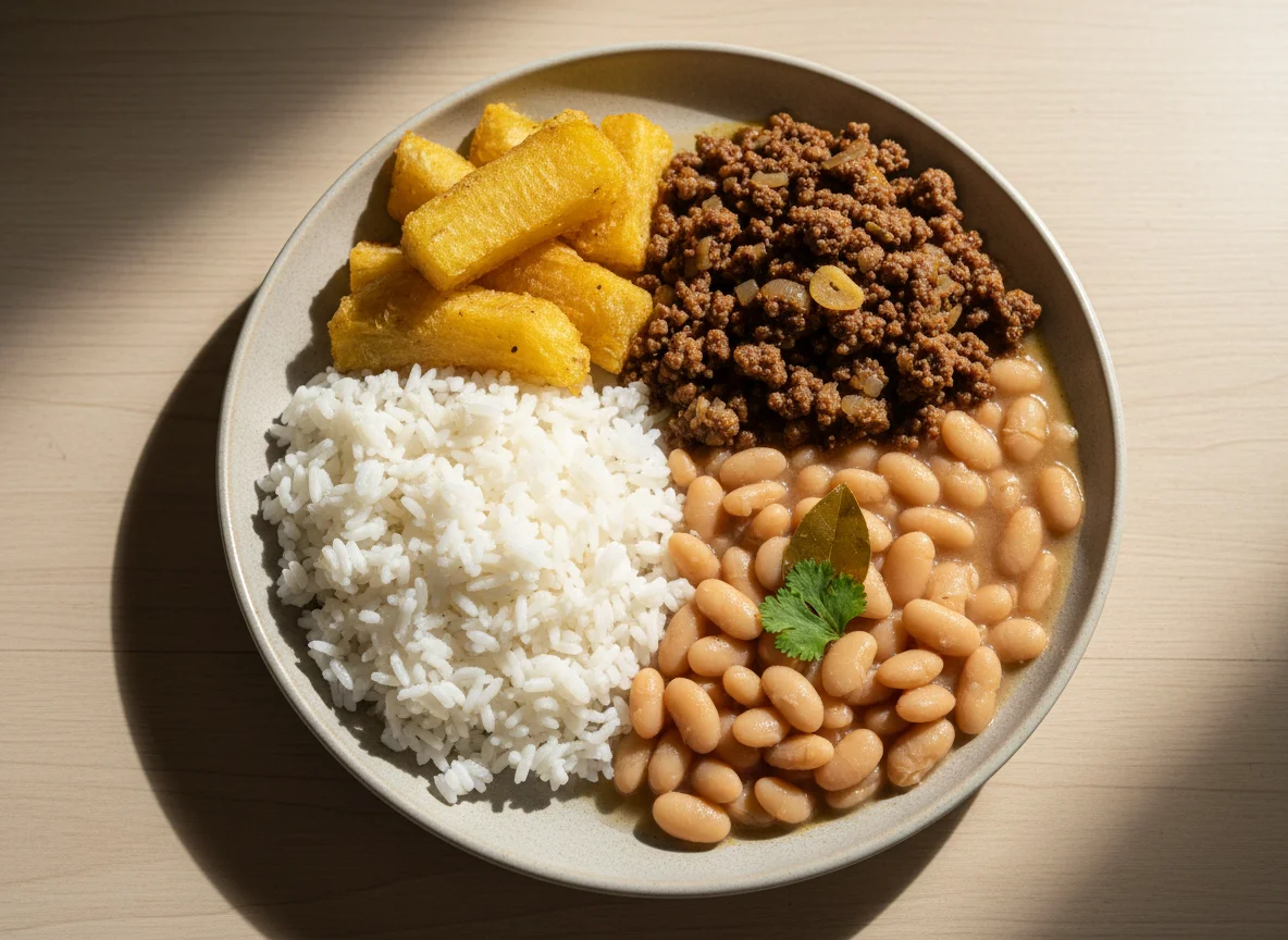 Prato brasileiro com carne moída, arroz, feijão e mandioca frita photo
