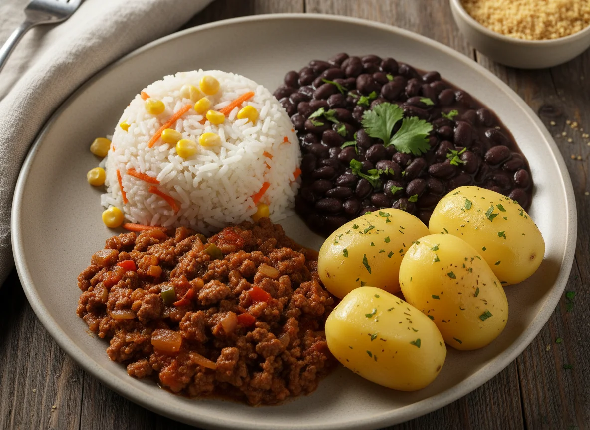 Prato brasileiro com carne moída, batata, arroz e feijão photo