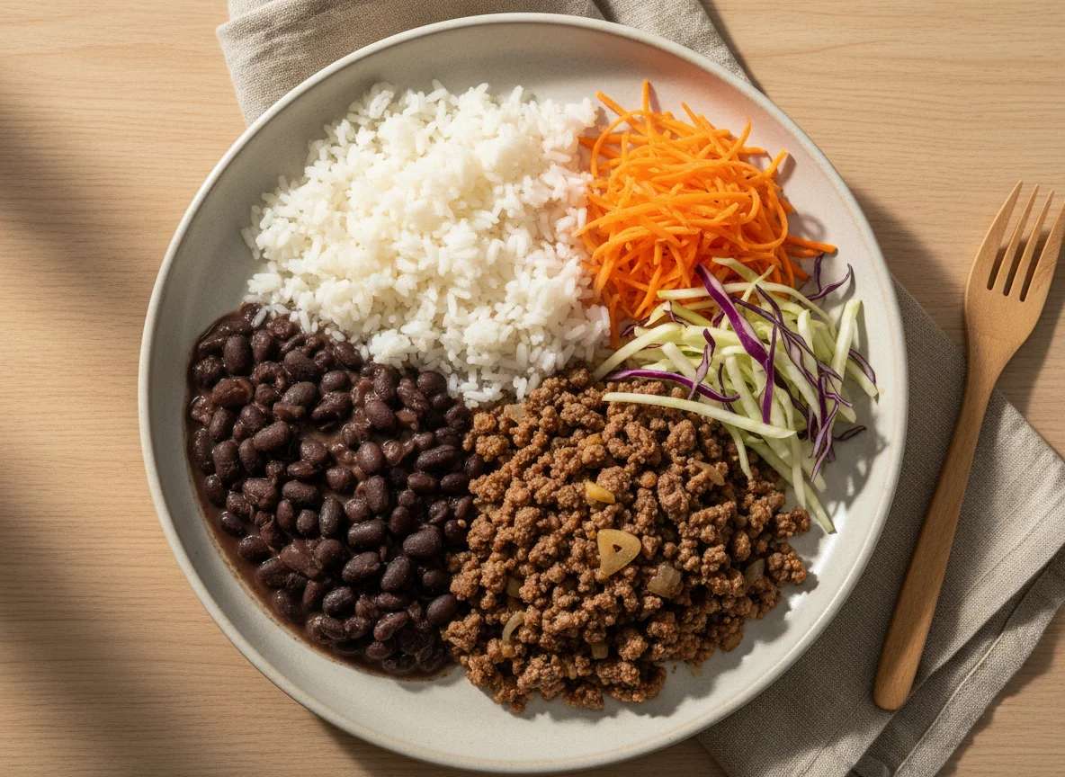 Prato brasileiro com carne moída e legumes photo