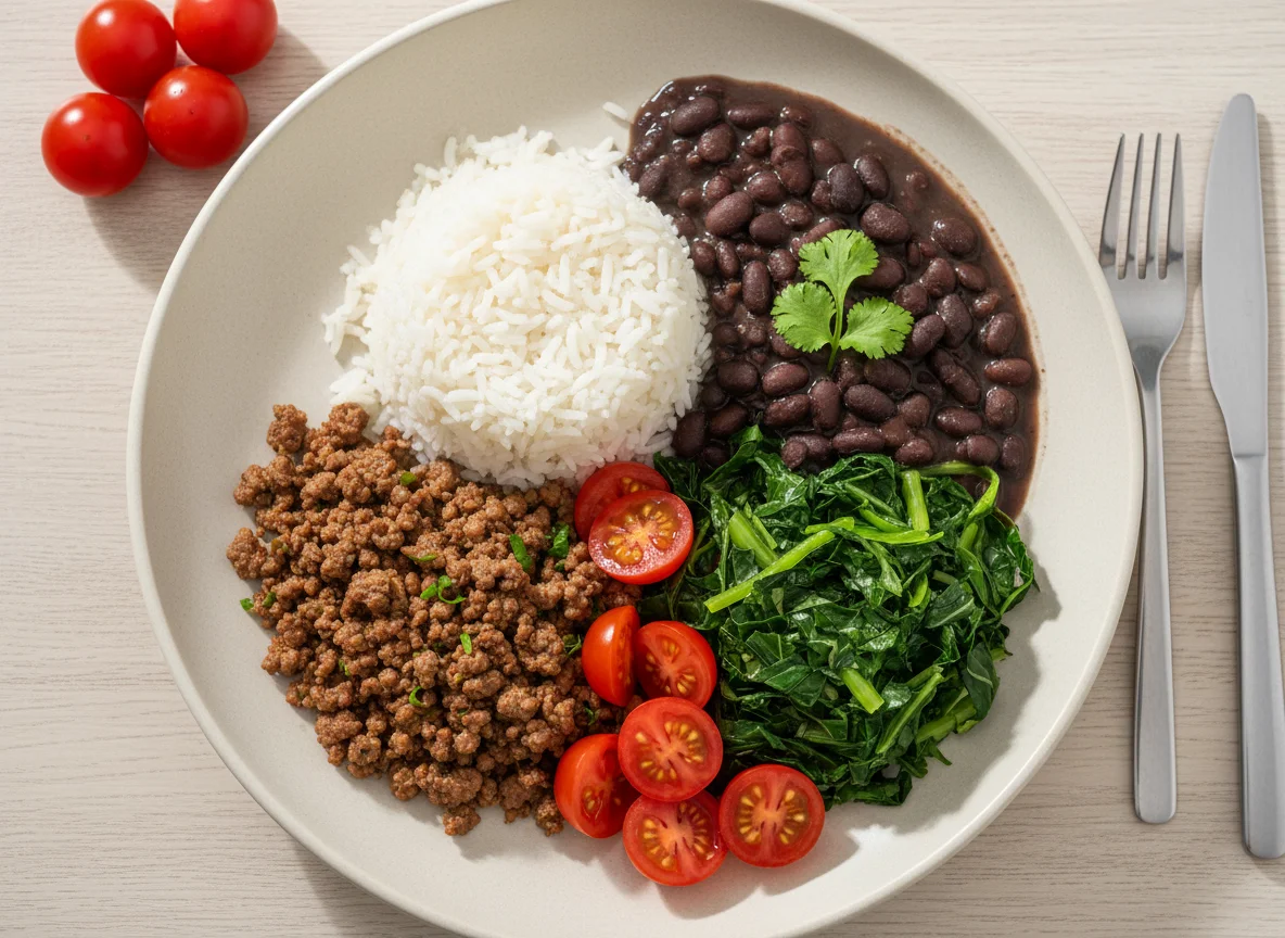 Prato brasileiro com carne moída, feijão, arroz e couve photo