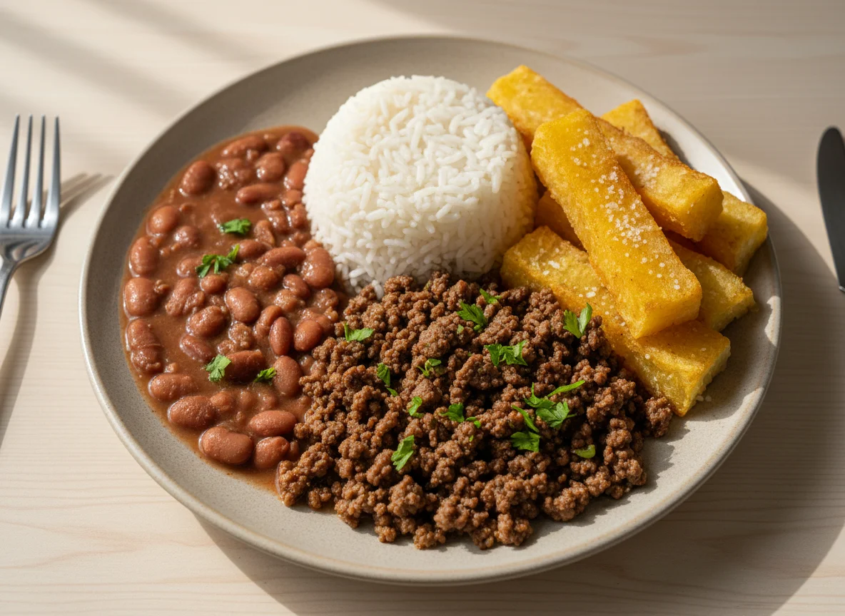 Prato brasileiro com carne moída, feijão, arroz e mandioca frita photo