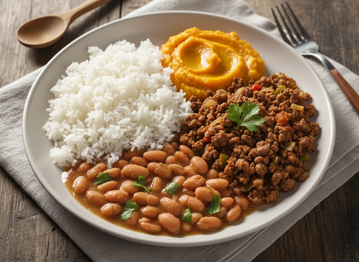 Prato brasileiro com carne moída, feijão, arroz e purê de abóbora photo