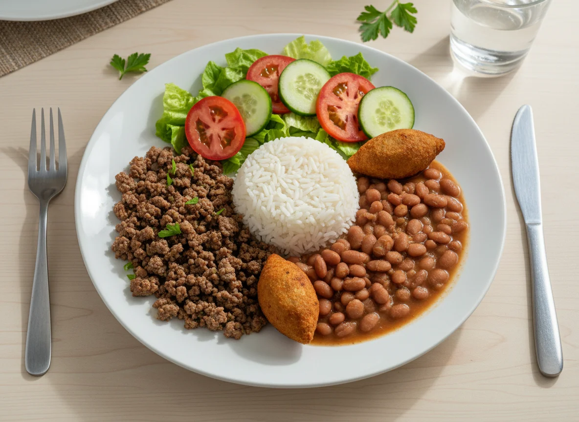 Prato brasileiro com carne moída, feijão, arroz e salada photo
