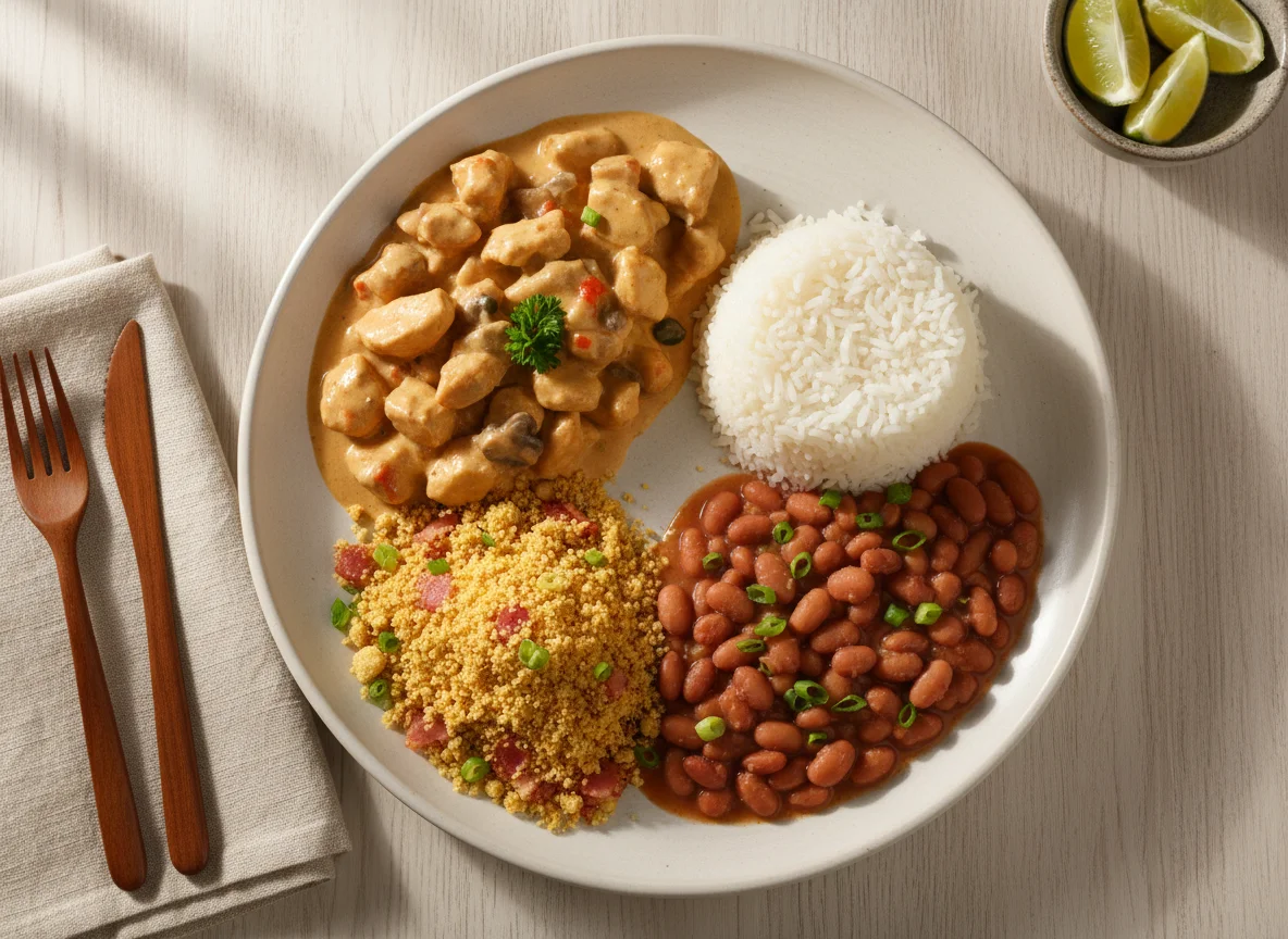 Prato brasileiro com estrogonofe de frango, arroz, feijão e farofa photo