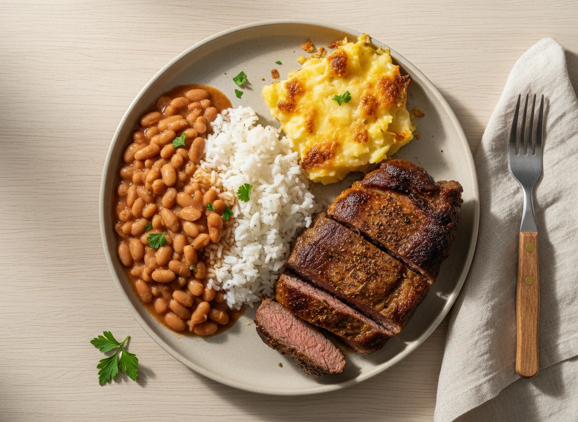 Prato brasileiro com feijão, arroz, carne e batata gratinada photo