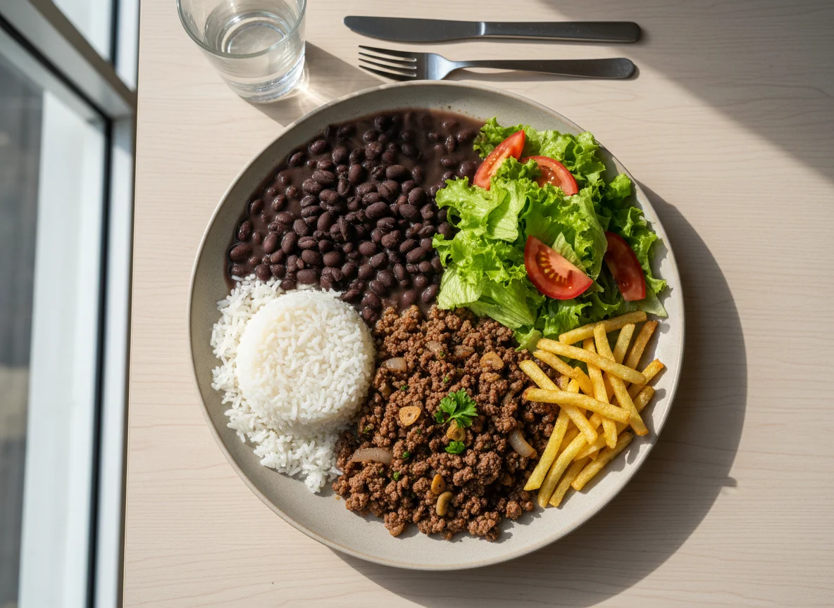 Prato brasileiro com feijão, arroz, carne moída e salada photo