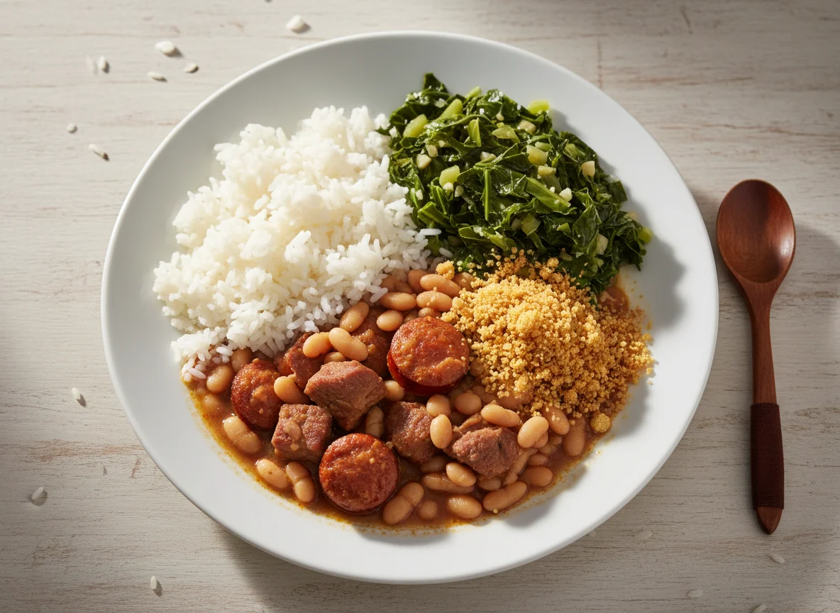 Prato brasileiro com feijão, arroz, couve e farofa photo