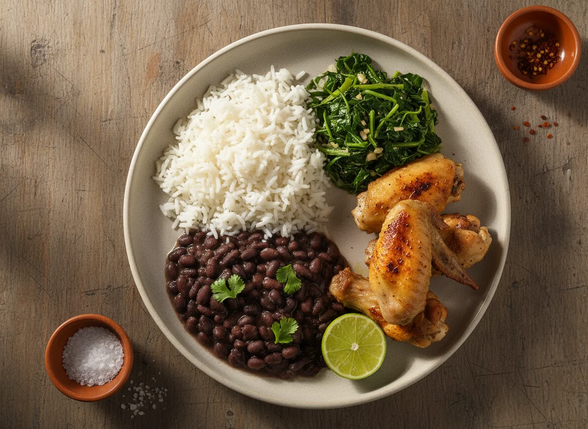 Prato brasileiro com feijão, arroz, couve e frango photo
