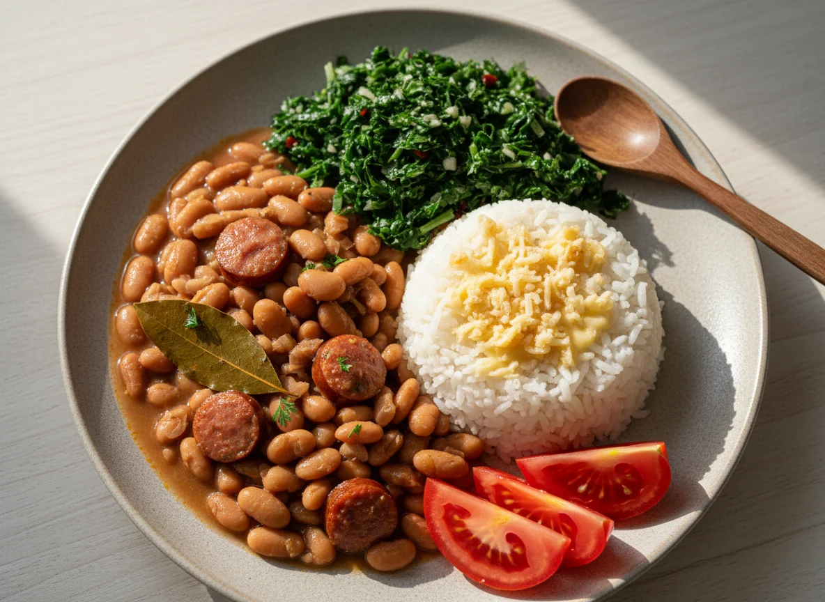 Prato brasileiro com feijão, arroz e couve photo