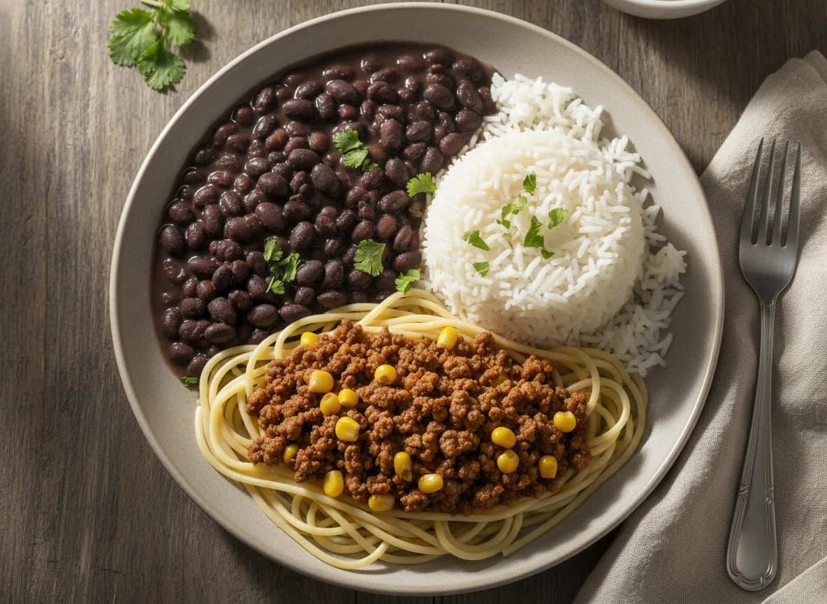 Prato brasileiro com feijão, arroz e macarrão photo