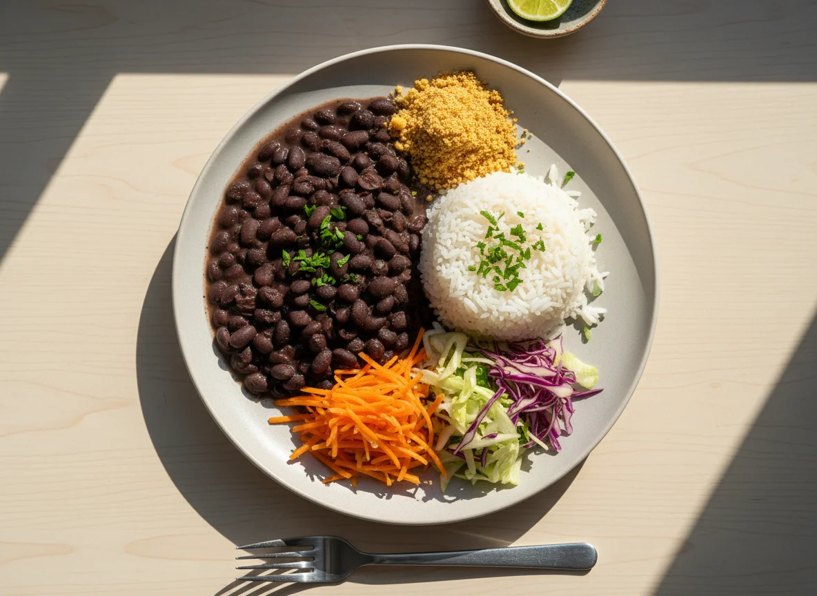 Prato brasileiro com feijão, arroz e salada photo