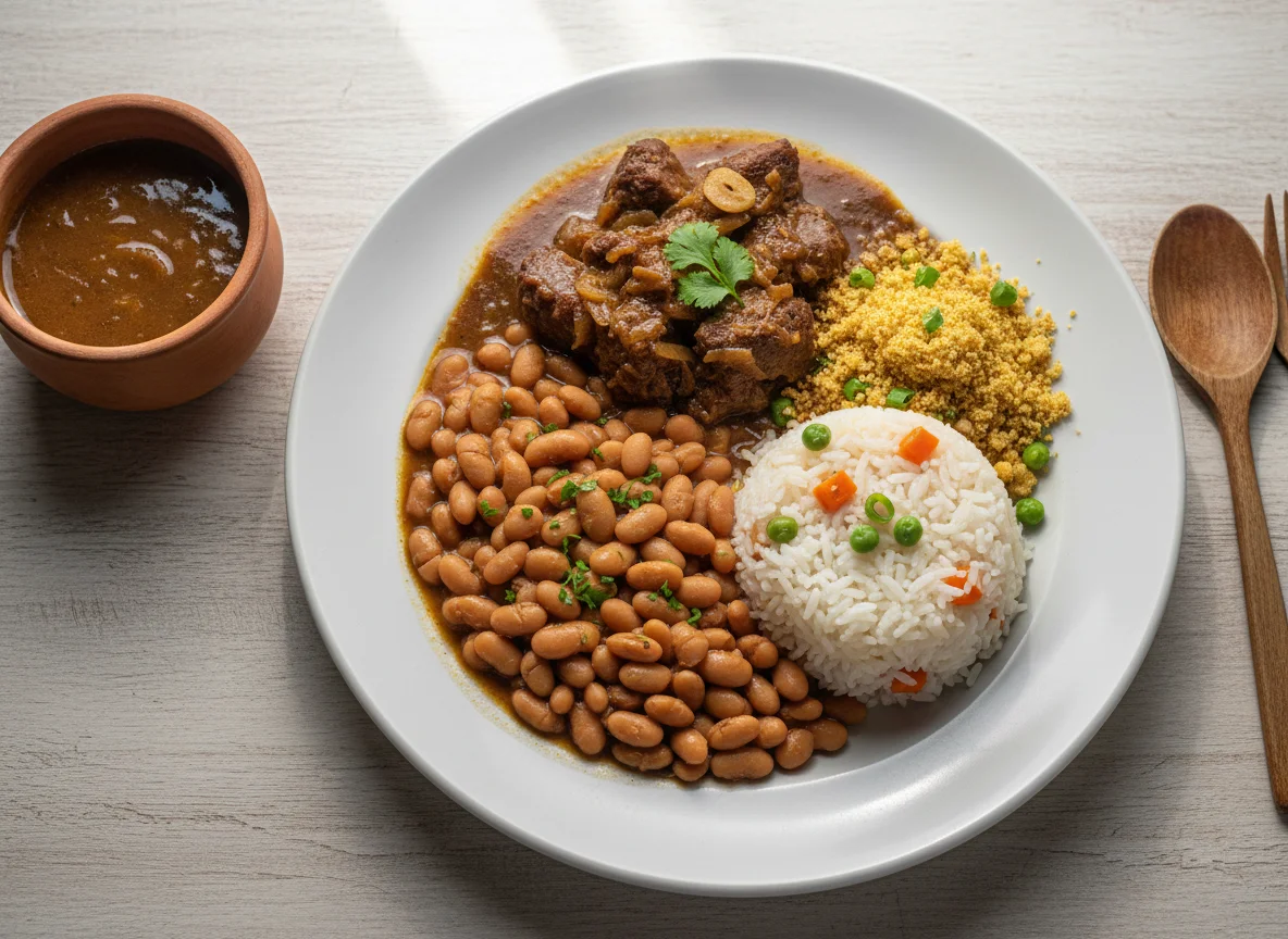Prato brasileiro com feijão, arroz, farofa e carne de panela photo