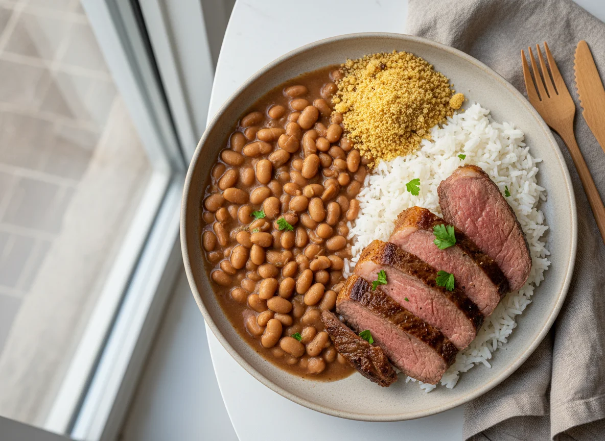 Prato brasileiro com feijão, arroz, farofa e carne photo