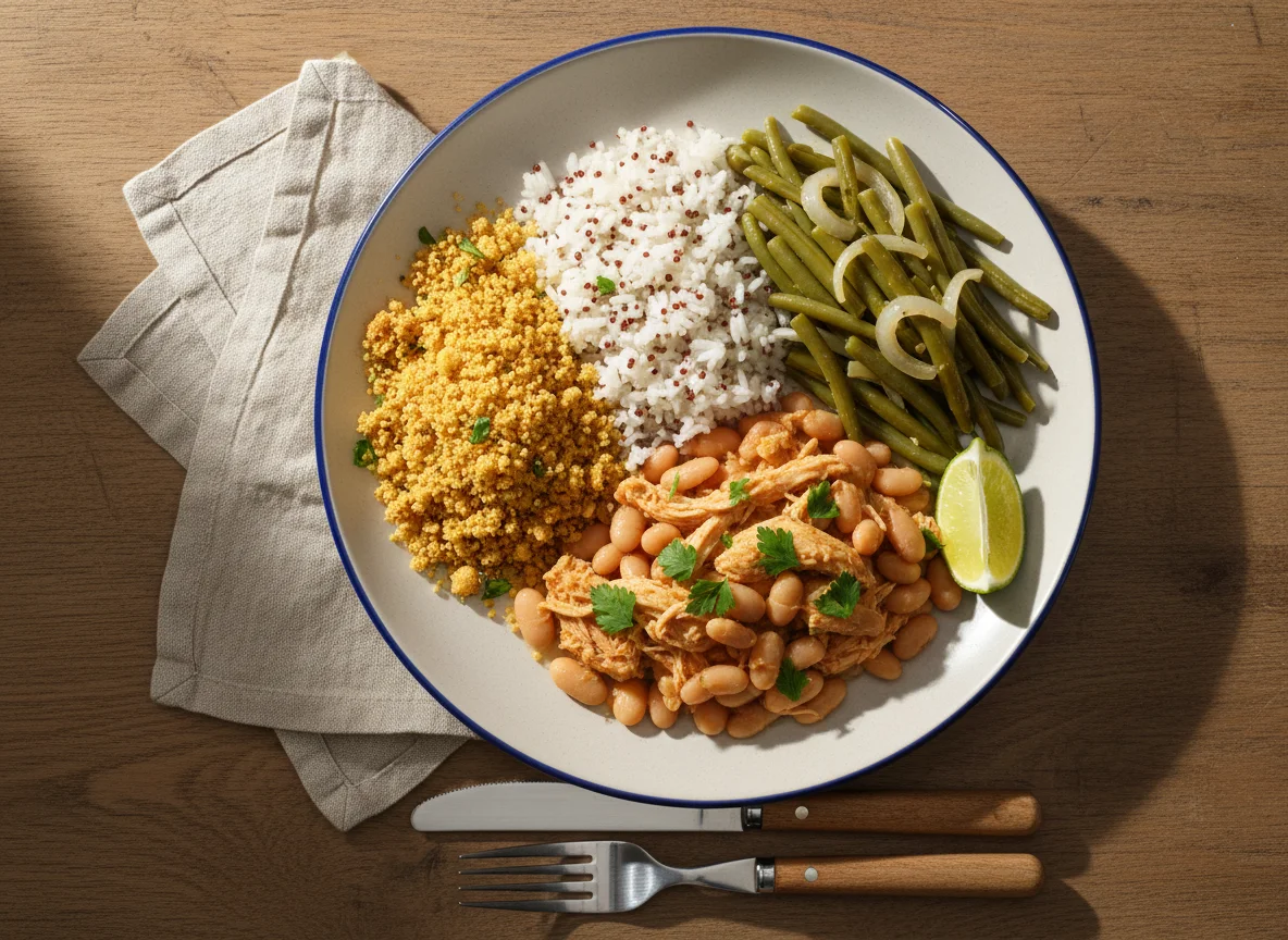 Prato brasileiro com feijão, arroz, farofa e legumes photo