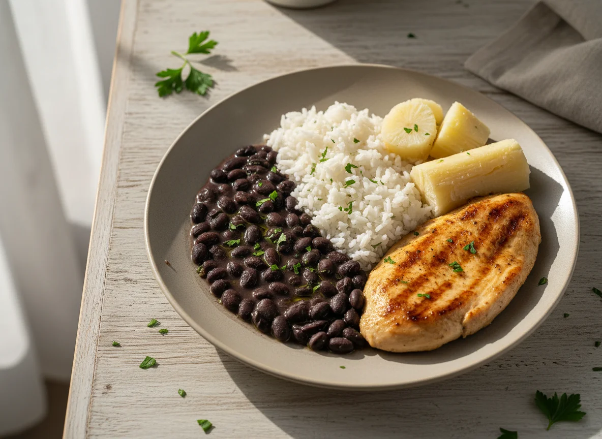 Prato brasileiro com feijão, arroz, frango e mandioca photo