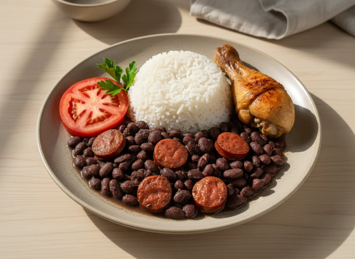 Prato brasileiro com feijão, arroz, frango e tomate photo