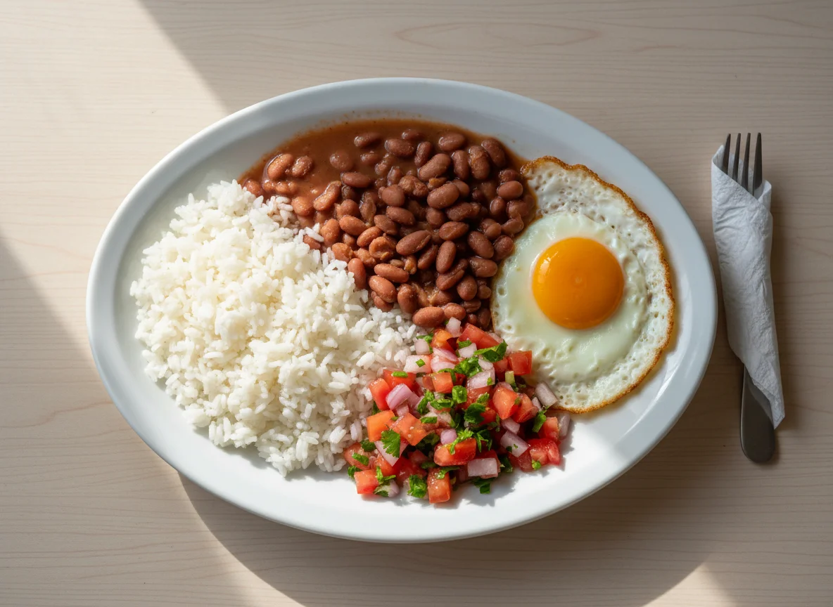 Prato brasileiro com feijão, arroz, ovo e vinagrete photo