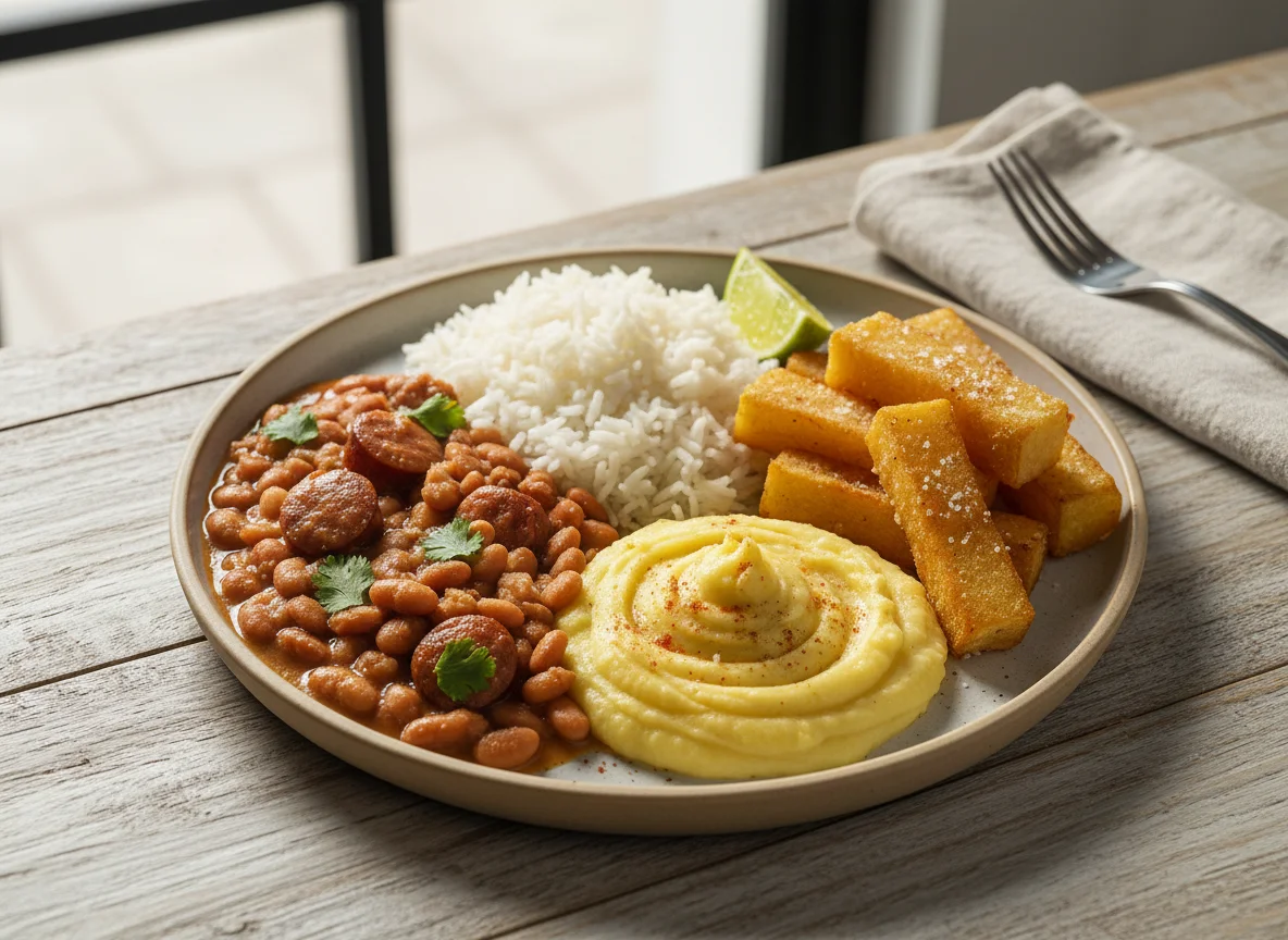 Prato brasileiro com feijão, arroz, purê de batata e mandioca frita photo