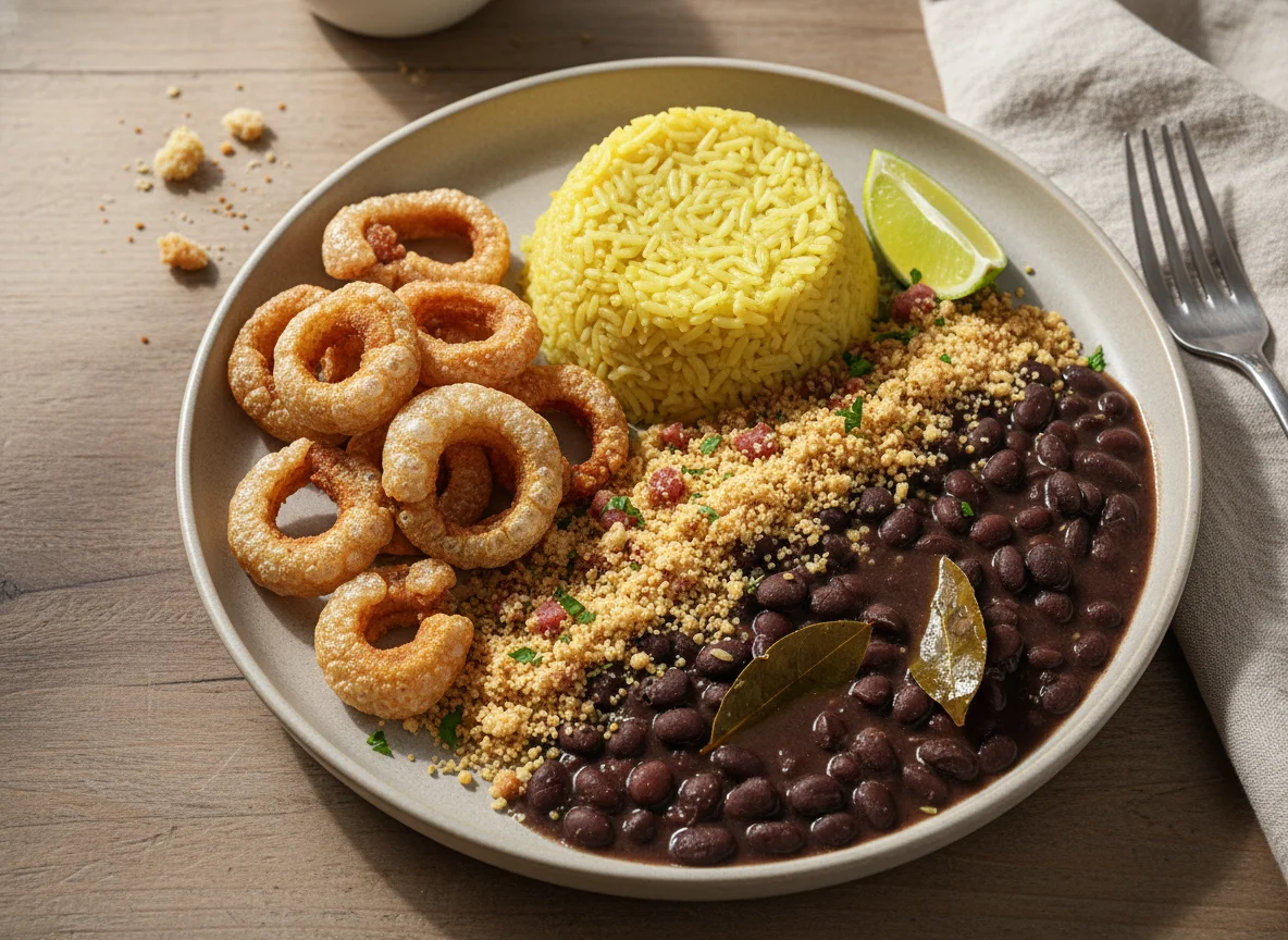 Prato brasileiro com feijão, arroz, torresmo e farofa photo