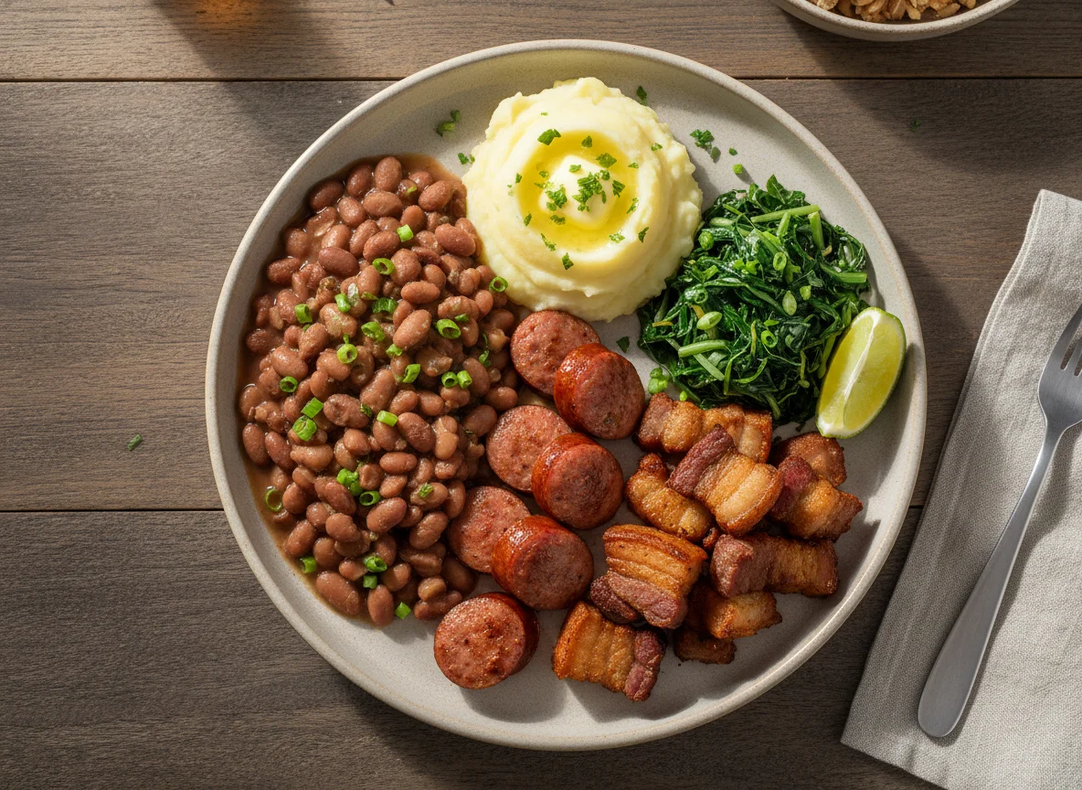 Prato Brasileiro com Feijão, Linguiça, Carne de Porco e Purê de Batata photo