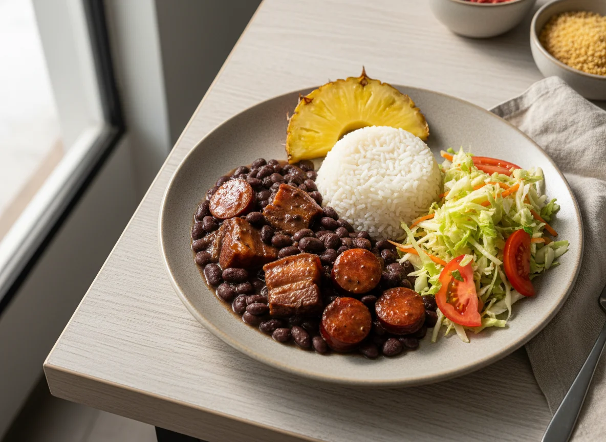 Prato brasileiro com feijoada, arroz, salada e abacaxi photo