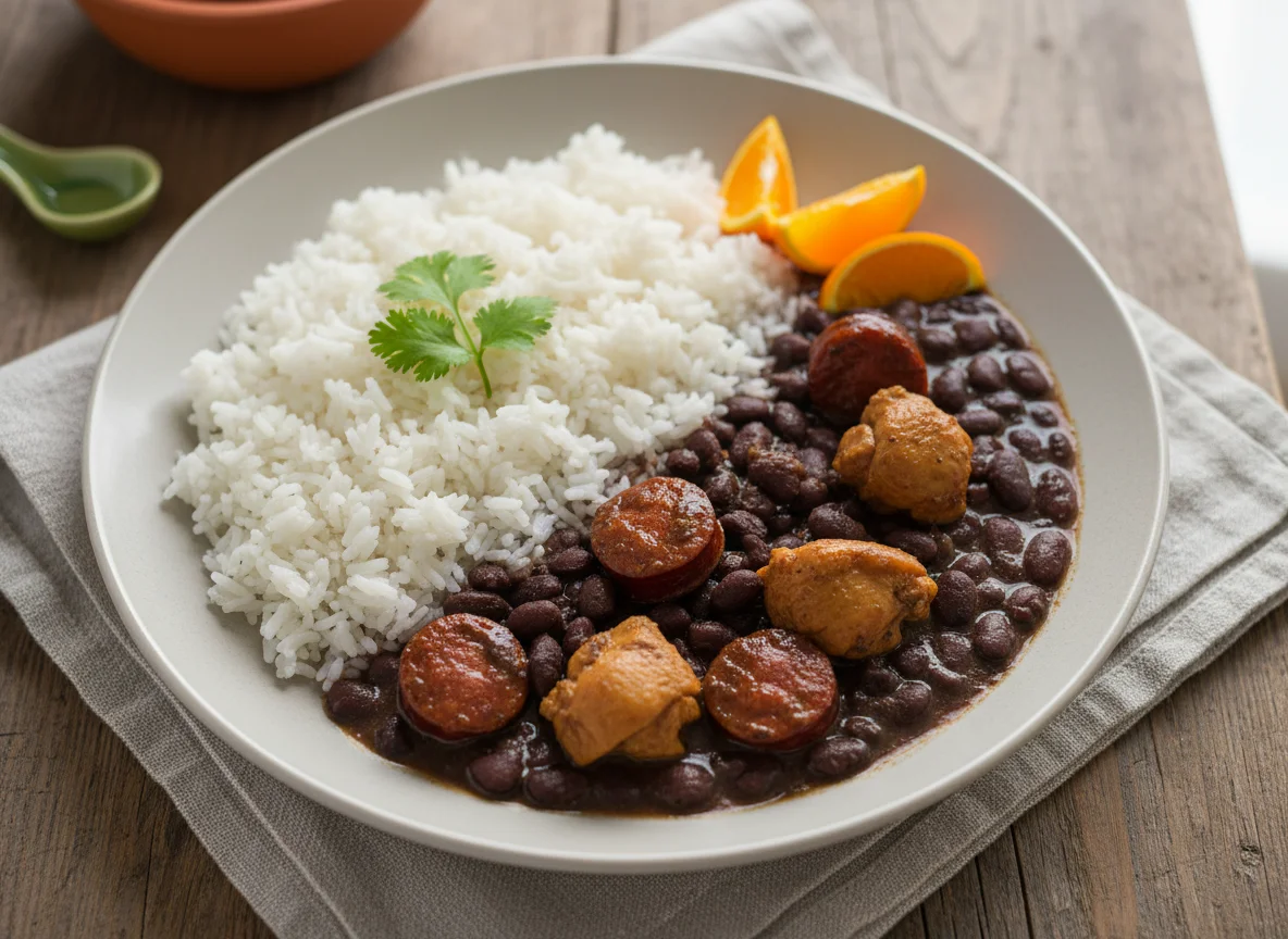 Prato brasileiro com feijoada e frango photo
