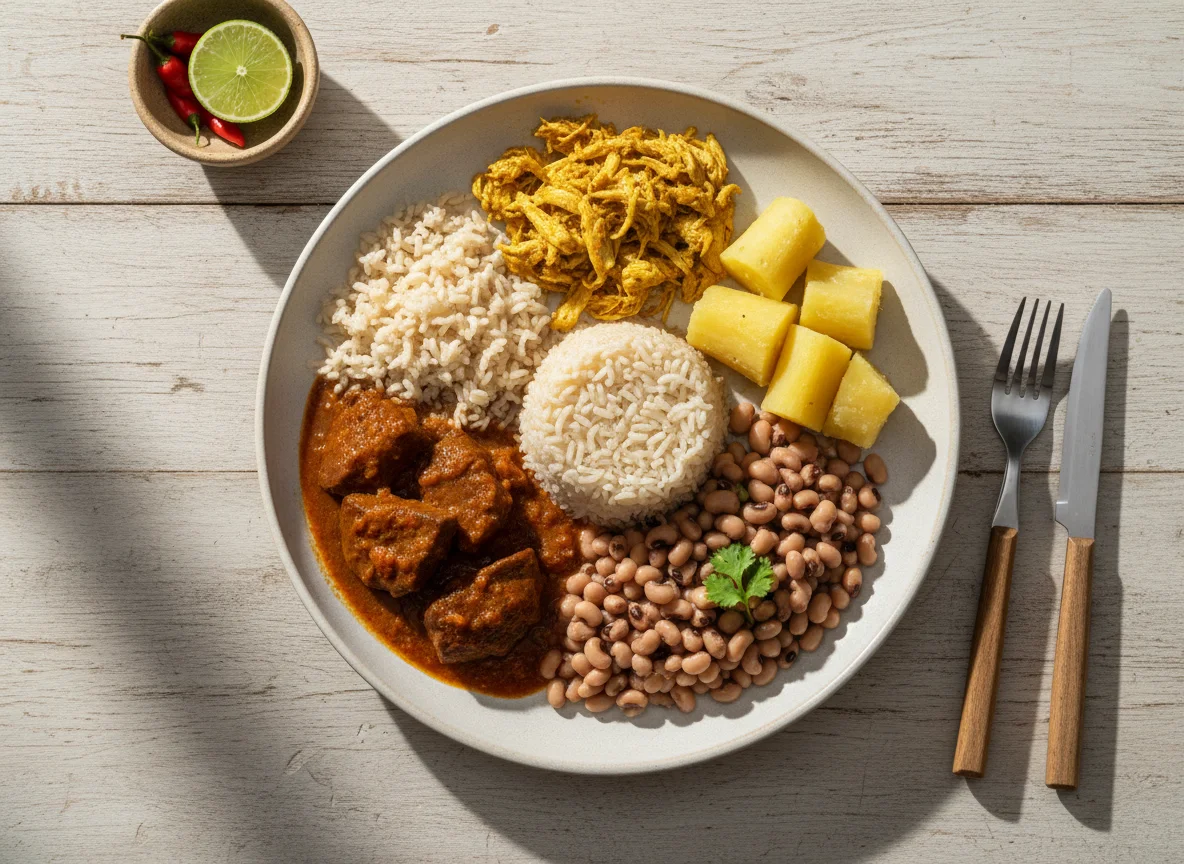 Prato brasileiro com fígado, arroz, feijão e frango desfiado photo