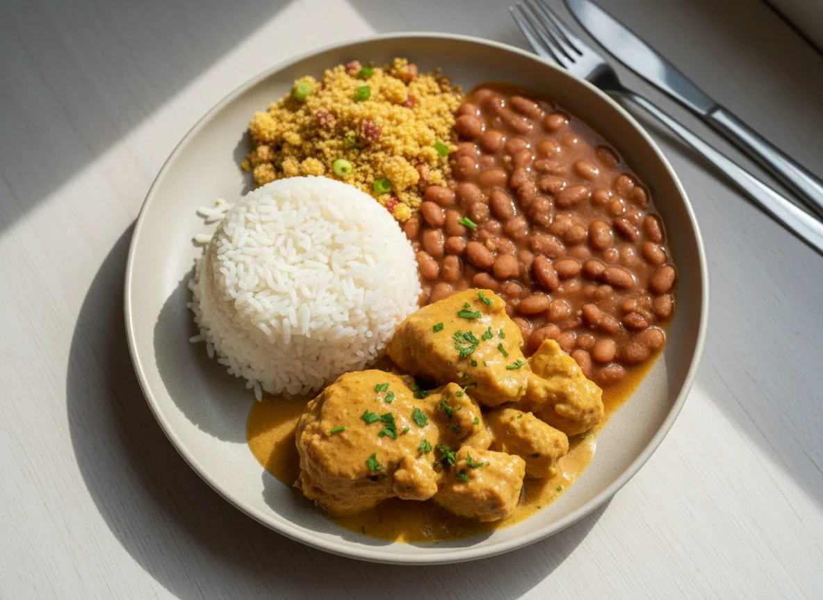 Prato brasileiro com frango ao molho, arroz, feijão e farofa photo