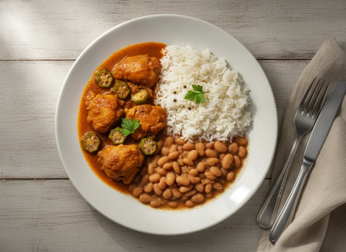 Prato brasileiro com frango, arroz e feijão photo