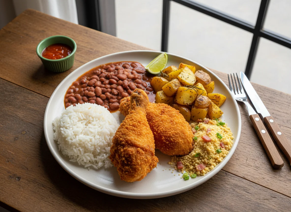 Prato brasileiro com frango, arroz, feijão, batata e farofa photo