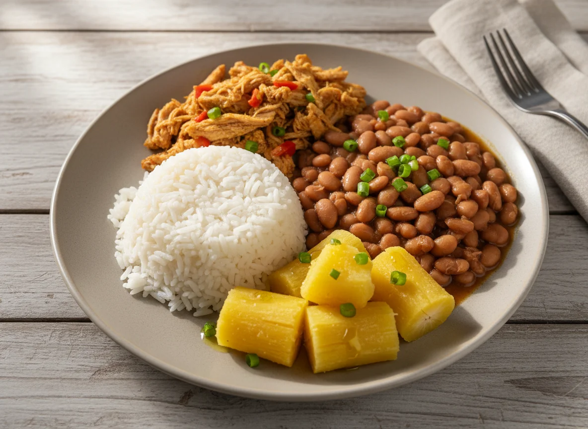 Prato brasileiro com frango, arroz, feijão e aipim photo