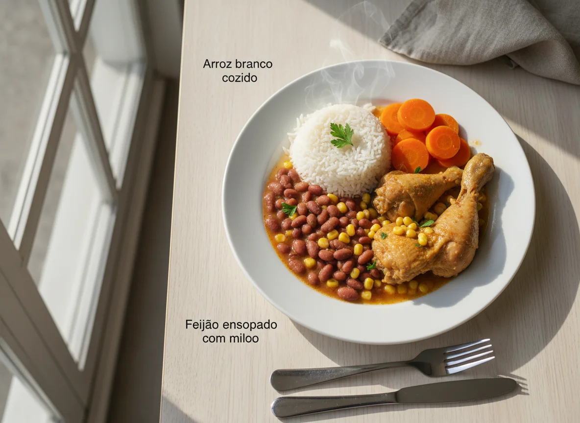 Prato brasileiro com frango, arroz, feijão e cenoura photo