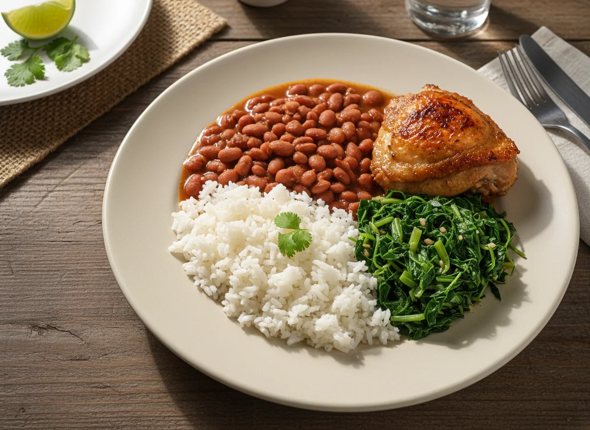 Prato brasileiro com frango, arroz, feijão e couve photo